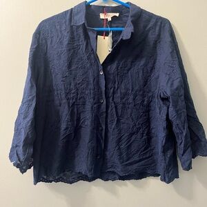 Solitaire Top Women's Large Navy Blue‎ Boho button eyelet NEW